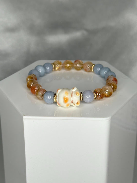 Angelite & Citrine Bracelet with Teddy Bear Bead, Comforting Crystal Jewelry for Joy, and Inner Warmth