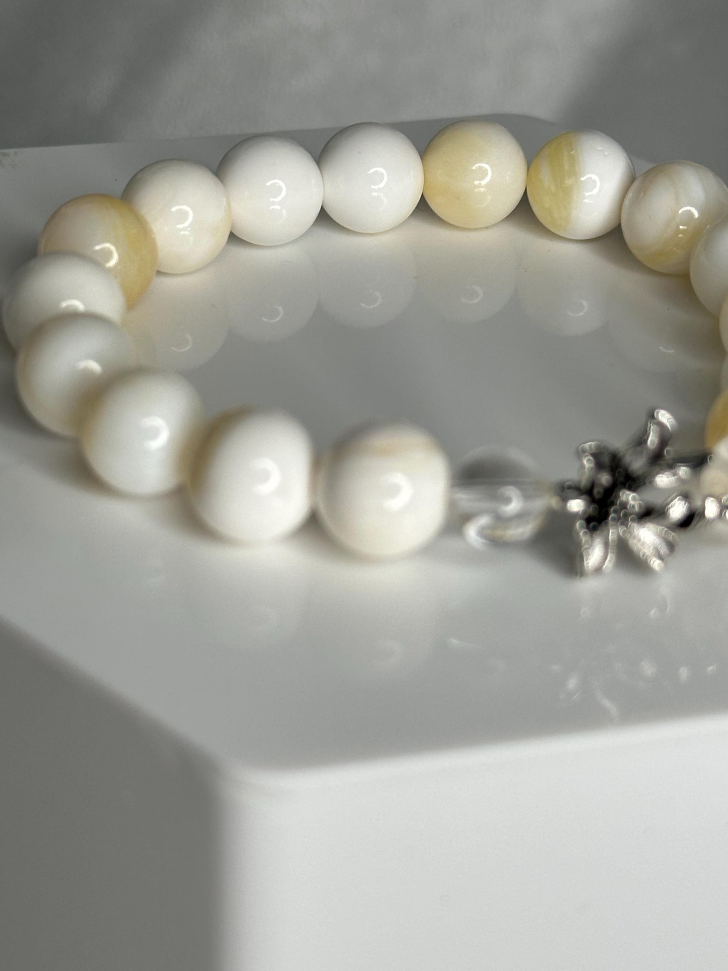 Tridacna Shell Bead Bracelet with Lotus Spacer, Calming Spiritual Jewelry for Peace, Purity, Inner Light & Mindful Energy