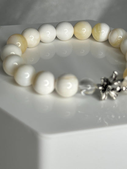 Tridacna Shell Bead Bracelet with Lotus Spacer, Calming Spiritual Jewelry for Peace, Purity, Inner Light & Mindful Energy