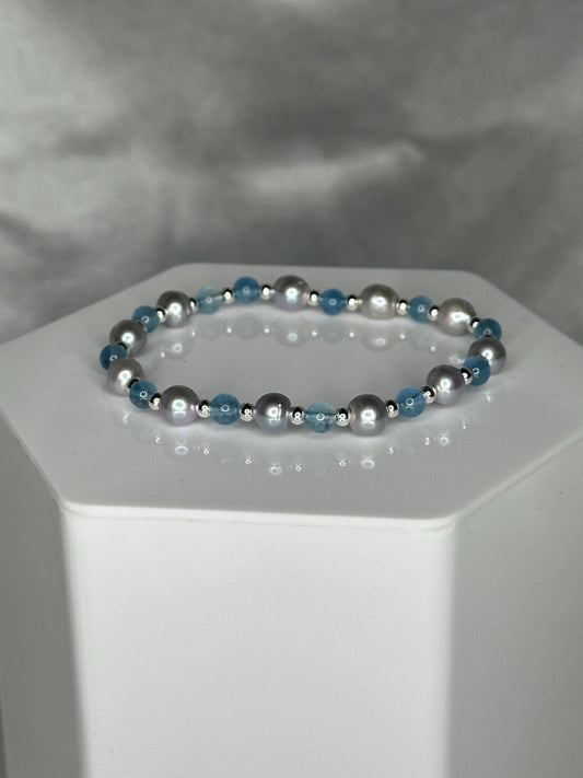 Pearl & Aquamarine Bracelet with Silver Spacer Beads, Ocean-Inspired Jewelry for Calm, Clarity, Intuition and Feminine Grace