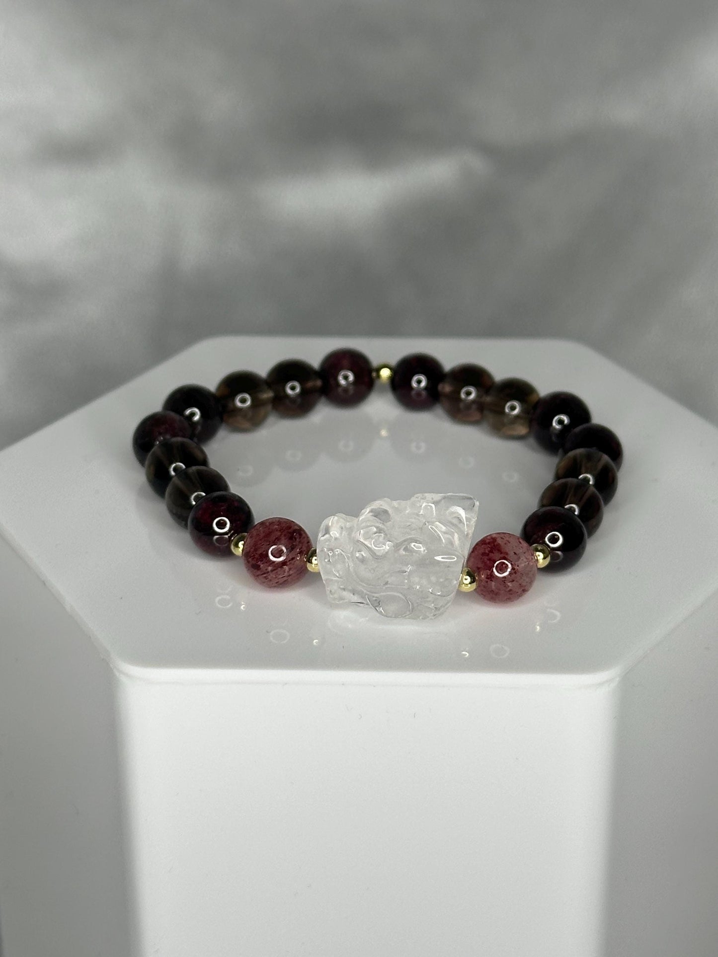 Garnet, Smoky Quartz & Strawberry Quartz Bracelet with Dragon Focal + Gold Spacers, Passionate, Playful and Protective Energy