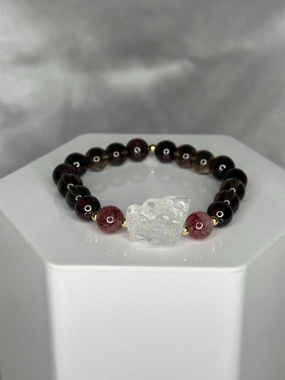 Garnet, Smoky Quartz & Strawberry Quartz Bracelet with Dragon Focal + Gold Spacers, Passionate, Playful and Protective Energy