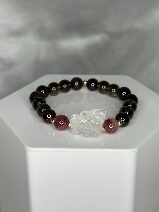 Garnet, Smoky Quartz & Strawberry Quartz Bracelet with Dragon Focal + Gold Spacers, Passionate, Playful and Protective Energy