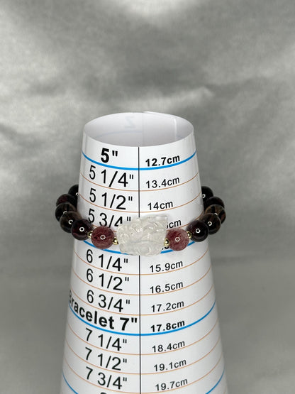 Garnet, Smoky Quartz & Strawberry Quartz Bracelet with Dragon Focal + Gold Spacers, Passionate, Playful and Protective Energy