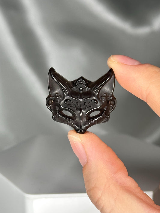 Black Obsidian Fox Mask | Hand-Carved Crystal Bead for Bracelet Making | Natural Obsidian Jewelry Supply | DIY Crafting Charm