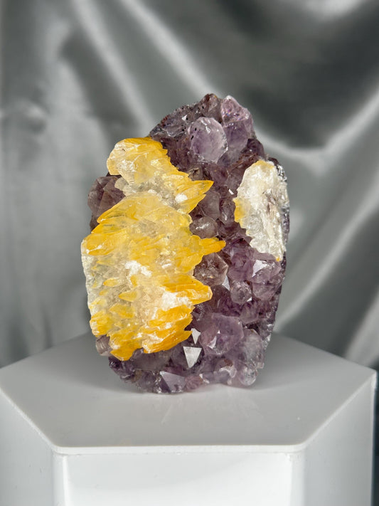 Amethyst Cluster with Natural Iron Staining from Brazil | Golden Yellow Hematite Coated Crystal | Unique Purple Quartz Mineral Specimen