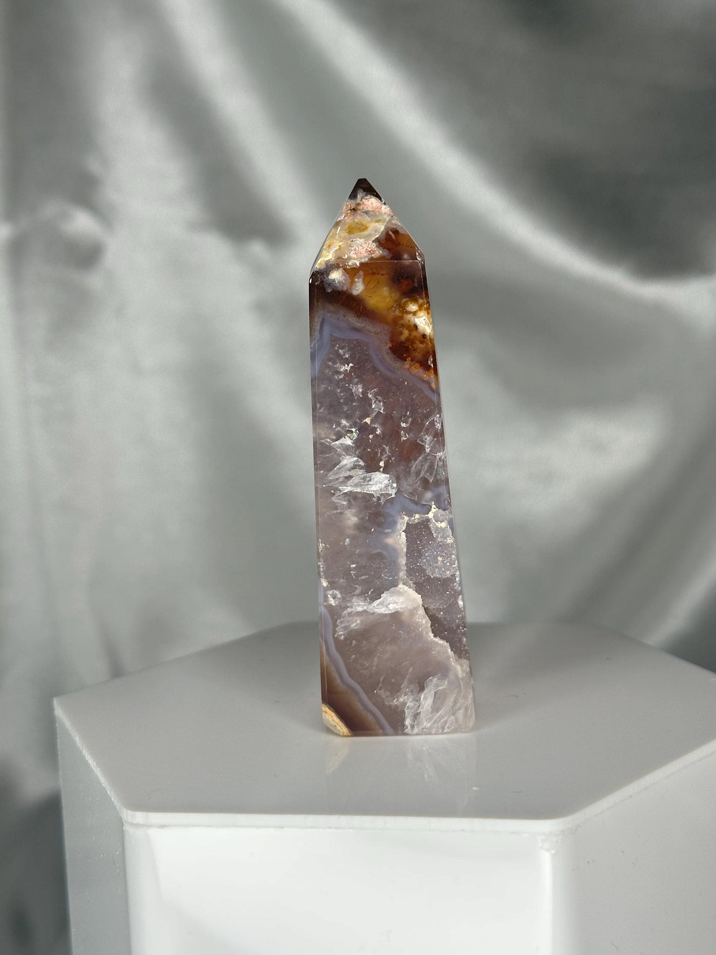 Druzy Agate Tower with Moss Inclusions | Natural Green Moss Agate Point | Sparkling Crystal Tower Display for Home or Office Décor