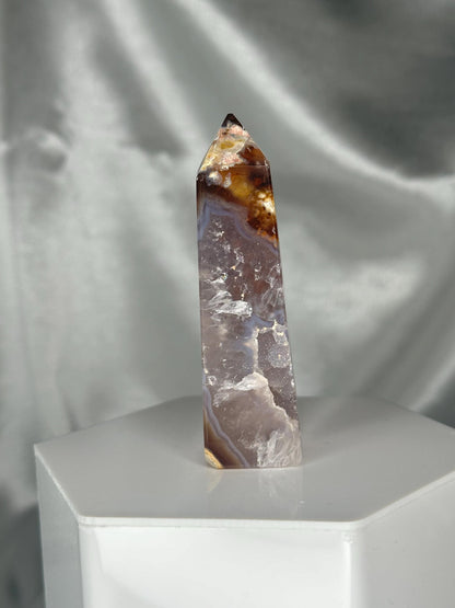 Druzy Agate Tower with Moss Inclusions | Natural Green Moss Agate Point | Sparkling Crystal Tower Display for Home or Office Décor