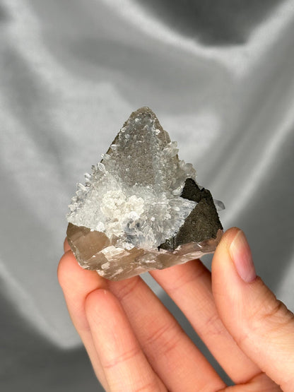 Druzy Coated Calcite Point with Quartz Crystals | Sparkling Calcite & Quartz Cluster Tower | Unique Natural Mineral Specimen from Brazil