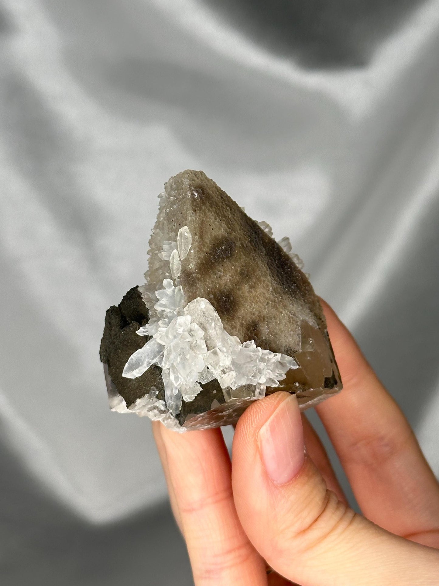 Druzy Coated Calcite Point with Quartz Crystals | Sparkling Calcite & Quartz Cluster Tower | Unique Natural Mineral Specimen from Brazil