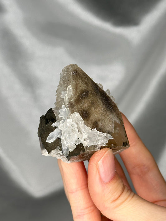 Druzy Coated Calcite Point with Quartz Crystals | Sparkling Calcite & Quartz Cluster Tower | Unique Natural Mineral Specimen from Brazil