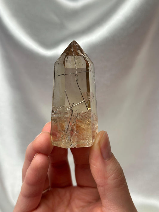 RARE Rutile Citrine Tower | Polished Citrine Quartz Point with Needle Inclusions | Natural Yellow Crystal Mineral for Display & Collections