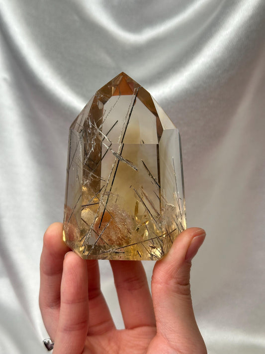 RARE Rutile Citrine Tower | Polished Citrine Quartz Point with Needle Inclusions | Natural Yellow Crystal Mineral for Display & Collections