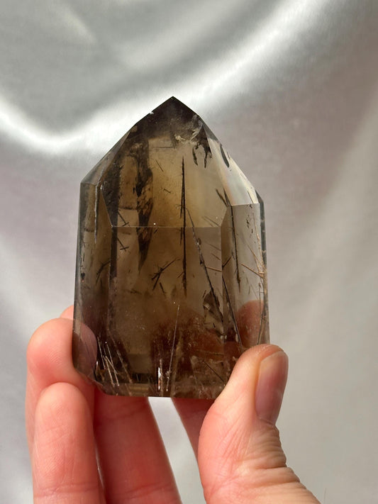 RARE Rutile Smokey Citrine Tower | Polished Citrine Quartz Point Needle Inclusions | Natural Yellow Crystal Mineral Display & Collections