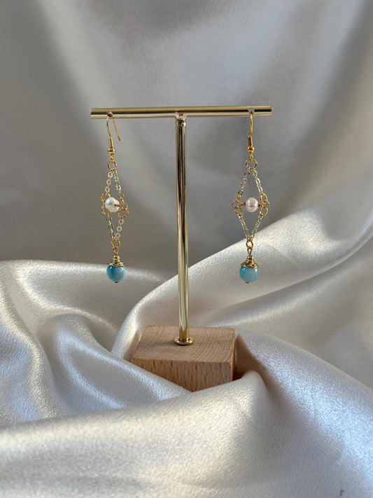 Larimar & Freshwater Pearl Dangle Earrings | Hypoallergenic Hooks | Ocean Energy, Calm, Feminine, Intuition Jewelry | 14k Gold Plated Chain