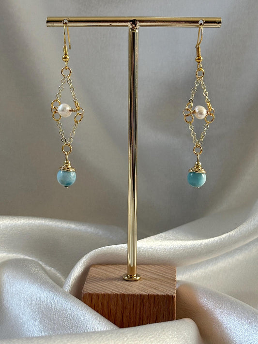 Larimar & Freshwater Pearl Dangle Earrings | Hypoallergenic Hooks | Ocean Energy, Calm, Feminine, Intuition Jewelry | 14k Gold Plated Chain