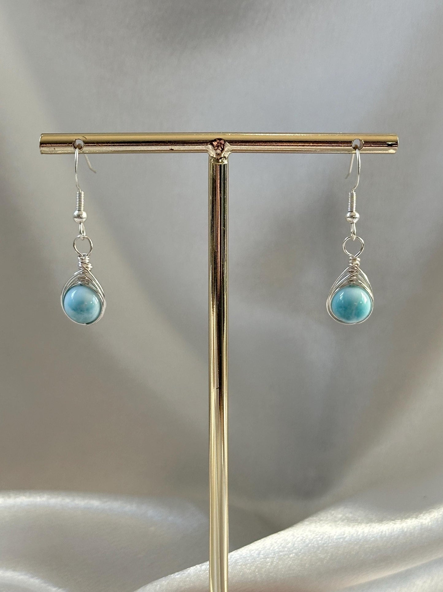 Larimar Silver Wire Wrap Hook Earring | Natural Blue Larimar Gemstone Dangle | Handmade Sterling Silver Wrapped Jewelry