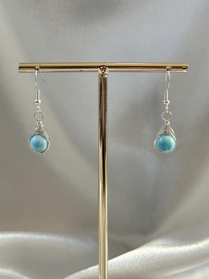Larimar Silver Wire Wrap Hook Earring | Natural Blue Larimar Gemstone Dangle | Handmade Sterling Silver Wrapped Jewelry