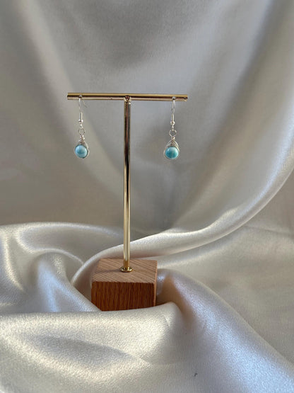 Larimar Silver Wire Wrap Hook Earring | Natural Blue Larimar Gemstone Dangle | Handmade Sterling Silver Wrapped Jewelry