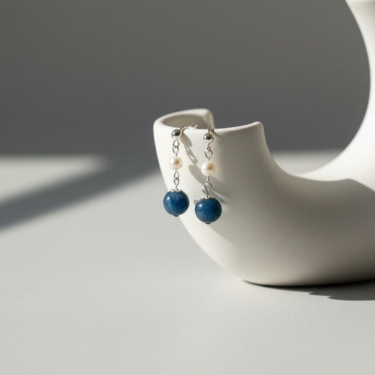 Gem Kyanite & Freshwater Pearl Stud Earrings | Natural Blue Kyanite with White Pearl | Handmade Gemstone Stud Jewelry