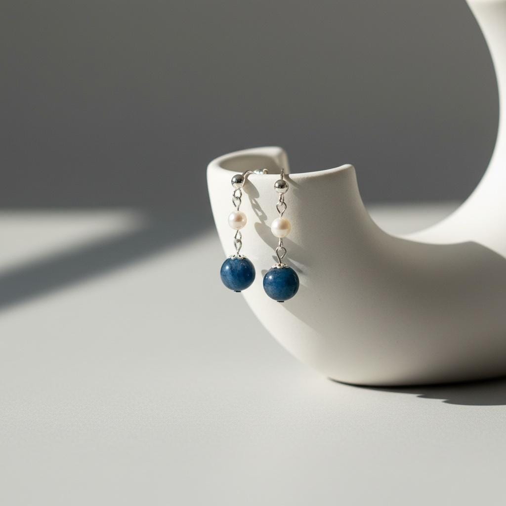 Gem Kyanite & Freshwater Pearl Stud Earrings | Natural Blue Kyanite with White Pearl | Handmade Gemstone Stud Jewelry