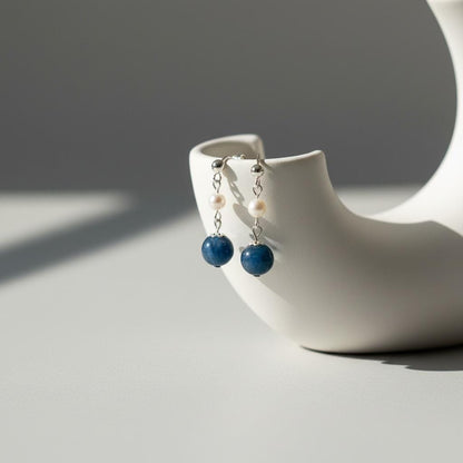 Gem Kyanite & Freshwater Pearl Stud Earrings | Natural Blue Kyanite with White Pearl | Handmade Gemstone Stud Jewelry