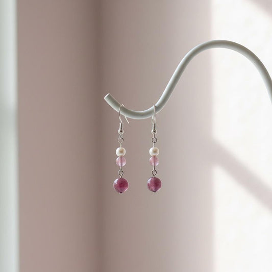 Star Rose Quartz Drop Earrings with Freshwater Pearl | Natural Pink Gemstone Dangles | Handmade Rose Quartz and Pearl Jewelry