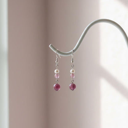 Star Rose Quartz Drop Earrings with Freshwater Pearl | Natural Pink Gemstone Dangles | Handmade Rose Quartz and Pearl Jewelry