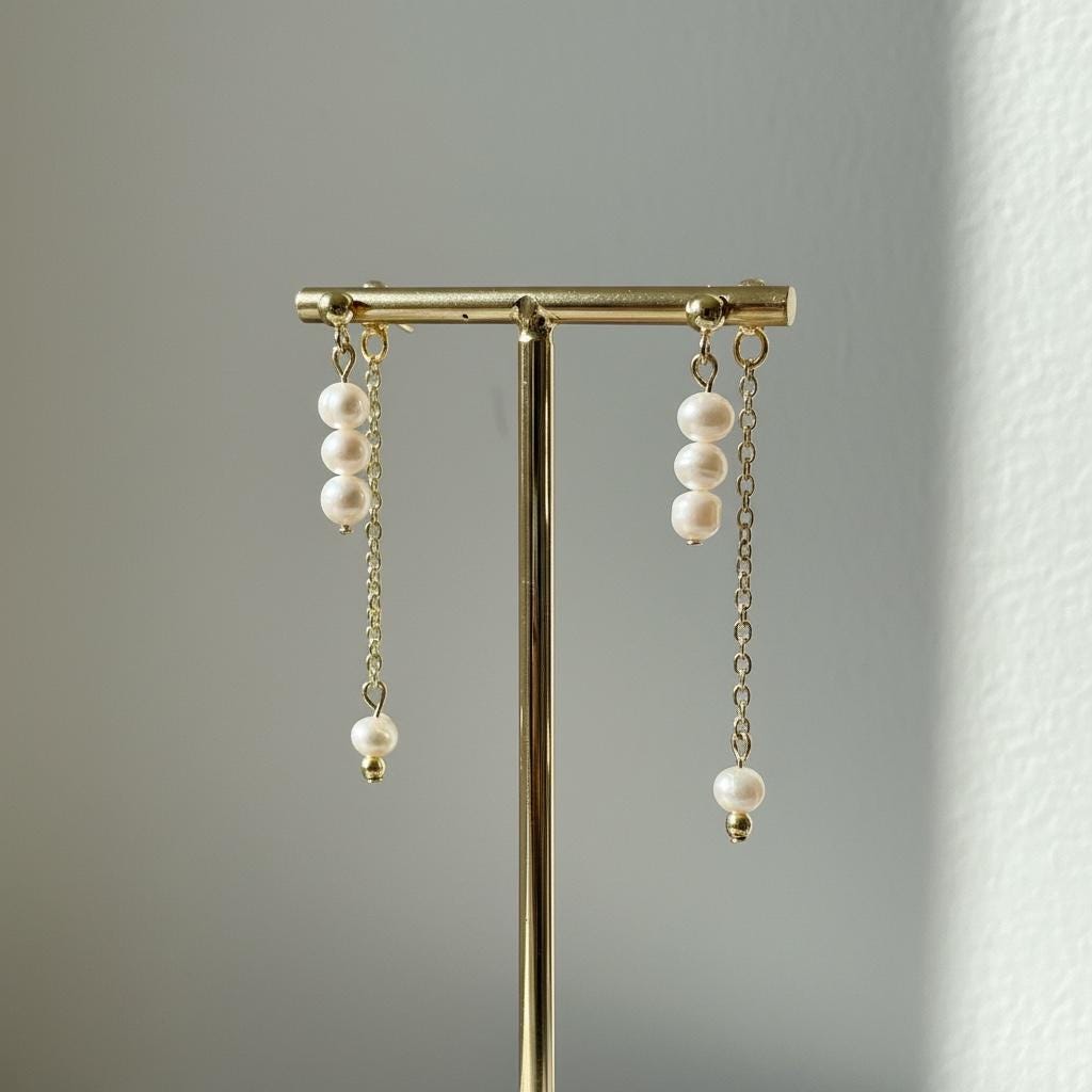 Freshwater Pearl Double Drop Earrings | Natural White Pearl Dangles | Elegant Layered Pearl Drop Earrings | Handmade Jewelry for Everyday