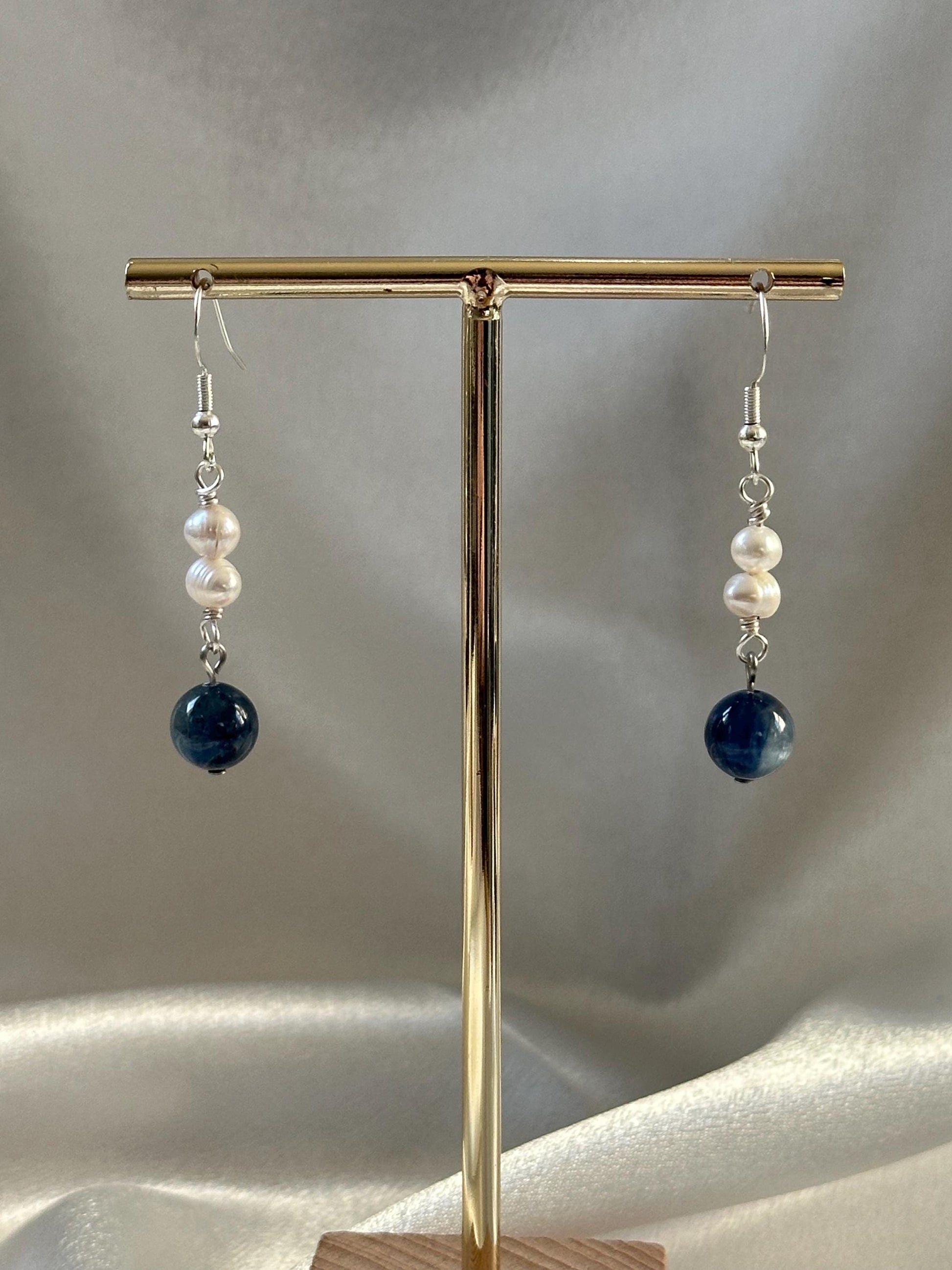 Gem Kyanite & Freshwater Pearl Earrings | Natural Blue Kyanite with White Pearl | Handmade Gemstone Dangle Jewelry for Everyday Wear