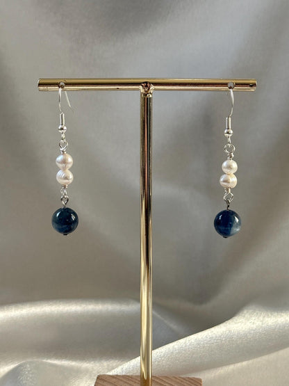 Gem Kyanite & Freshwater Pearl Earrings | Natural Blue Kyanite with White Pearl | Handmade Gemstone Dangle Jewelry for Everyday Wear