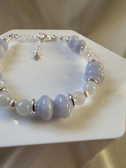 Blue Lace Agate, Freshwater Pearl & Pale Lavender Jade Bracelet | Natural Gemstone Beaded Jewelry | Handmade Light Blue, White and Lavender