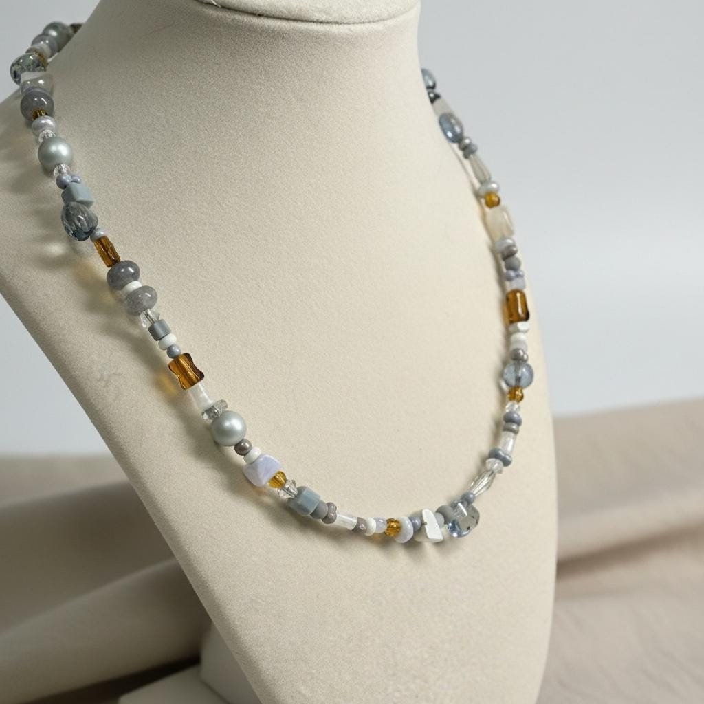Grey & Amber Colored Beaded Necklace | Plastic and Glass Beads | Lightweight Fashion Jewelry | Handmade Necklace for Everyday Wear | Gift