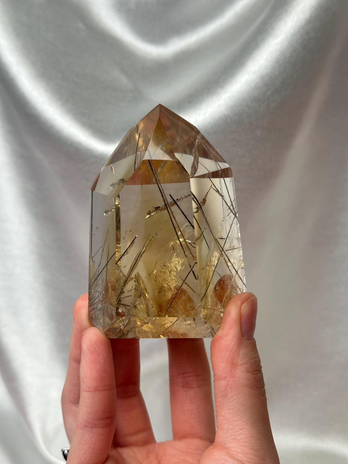 RARE Rutile Citrine Tower | Polished Citrine Quartz Point with Needle Inclusions | Natural Yellow Crystal Mineral for Display & Collections
