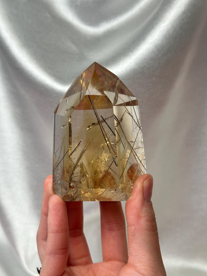RARE Rutile Citrine Tower | Polished Citrine Quartz Point with Needle Inclusions | Natural Yellow Crystal Mineral for Display & Collections