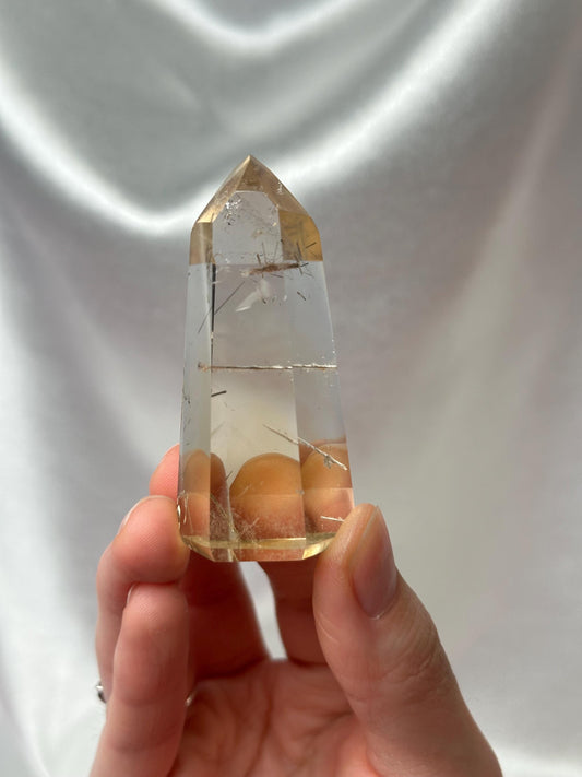 RARE Rutile Citrine Tower | Polished Citrine Quartz Point with Needle Inclusions | Natural Yellow Crystal Mineral for Display & Collections
