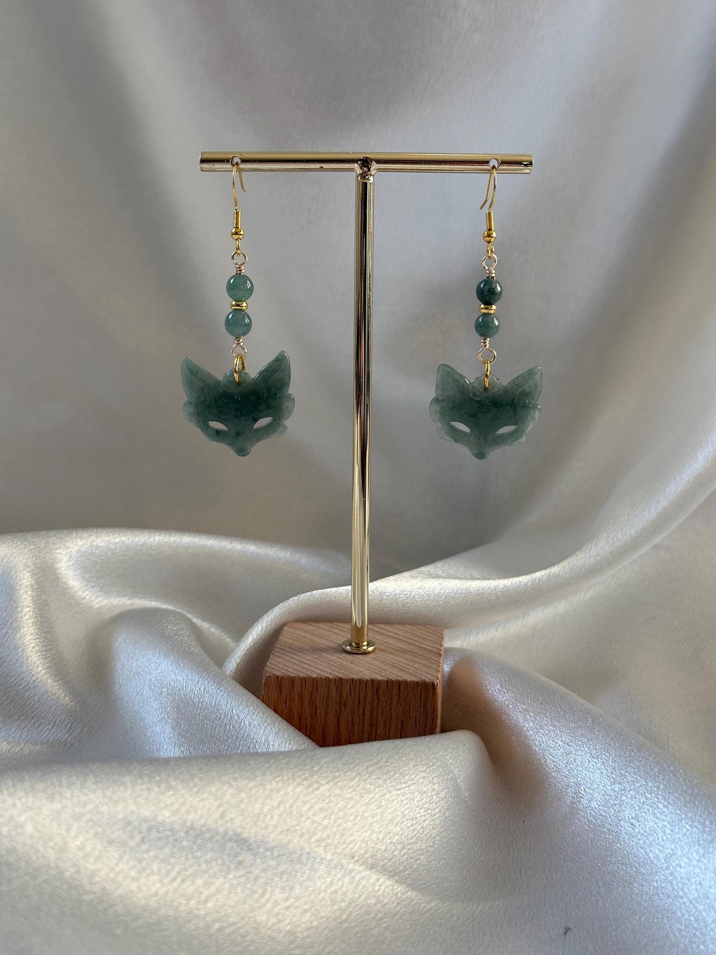 Blue Water Jade Kitsune Dangle Earrings | Fox Spirit Jewelry | Jade Drop Earrings | Handmade Fantasy Inspired Accessory
