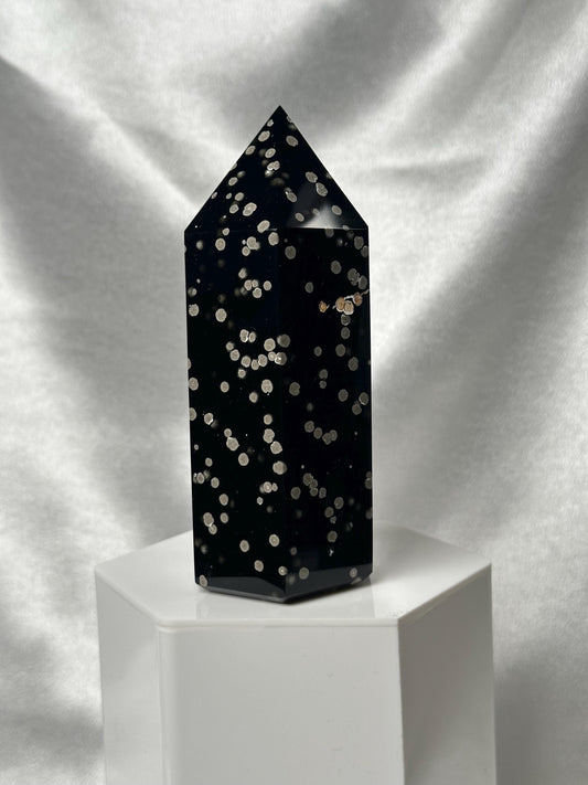 Stardust Obsidian Tower | Natural Black Obsidian with Volcanic Dust Inclusions | Polished Standing Volcanic Glass Mineral Specimen Display