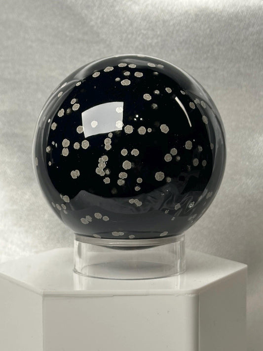 Stardust Obsidian Sphere | Natural Black Obsidian with Volcanic Dust Inclusions | Polished Volcanic Glass Mineral Specimen for Display
