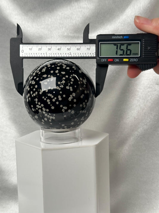 Stardust Obsidian Sphere | Natural Black Obsidian with Volcanic Dust Inclusions | Polished Volcanic Glass Mineral Specimen for Display