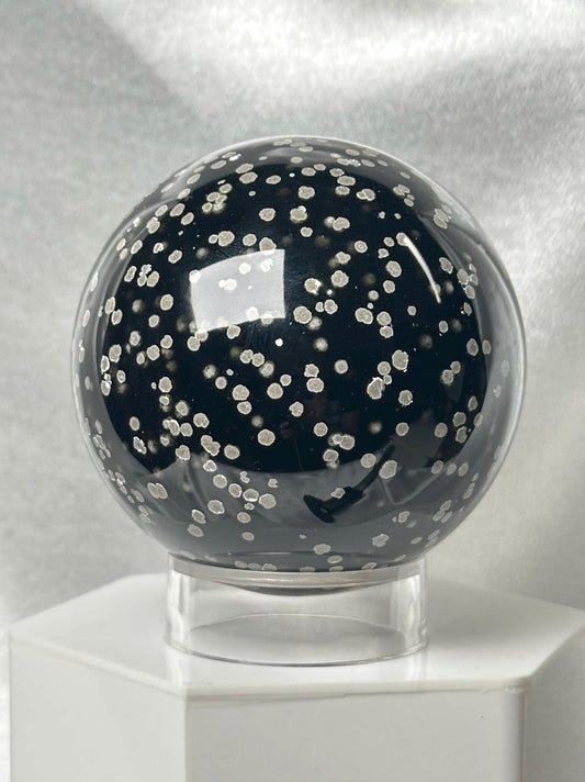 Stardust Obsidian Sphere | Natural Black Obsidian with Volcanic Dust Inclusions | Polished Volcanic Glass Mineral Specimen for Display