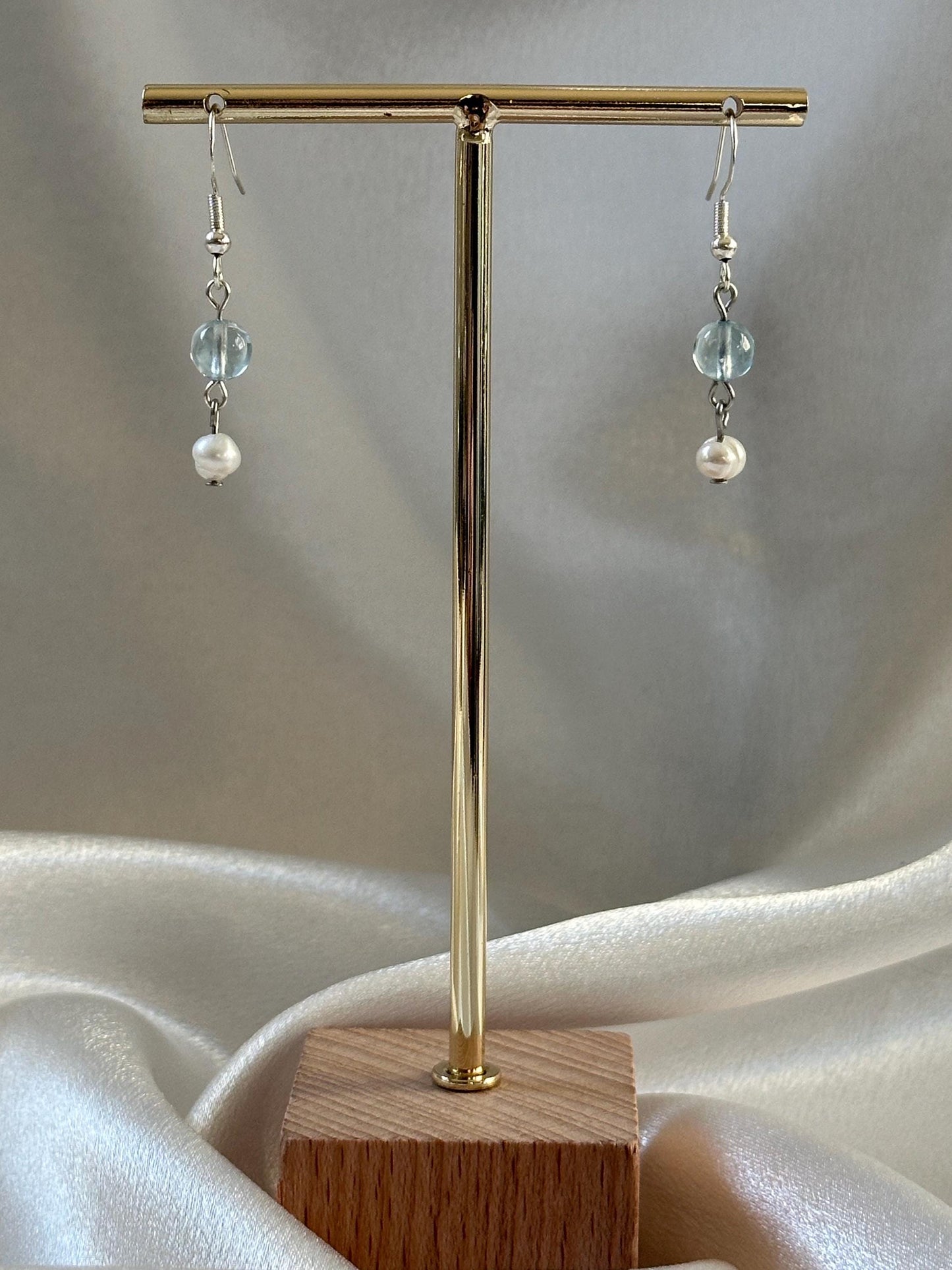Aquamarine & Freshwater Pearl Hook Earrings | Handmade Gemstone Dangles | Natural Blue Aquamarine and Pearl Jewelry for Everyday Wear