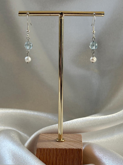 Aquamarine & Freshwater Pearl Hook Earrings | Handmade Gemstone Dangles | Natural Blue Aquamarine and Pearl Jewelry for Everyday Wear
