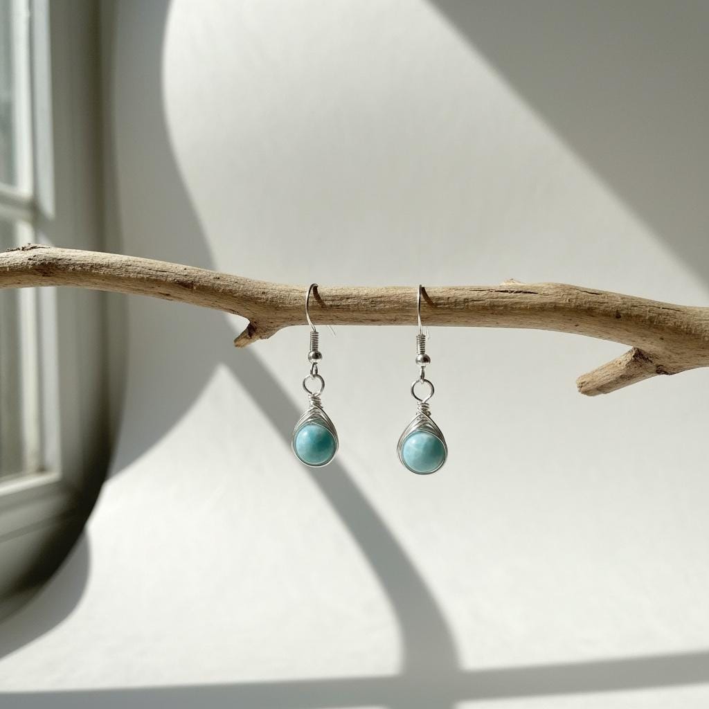 Larimar Silver Wire Wrap Hook Earring | Natural Blue Larimar Gemstone Dangle | Handmade Sterling Silver Wrapped Jewelry