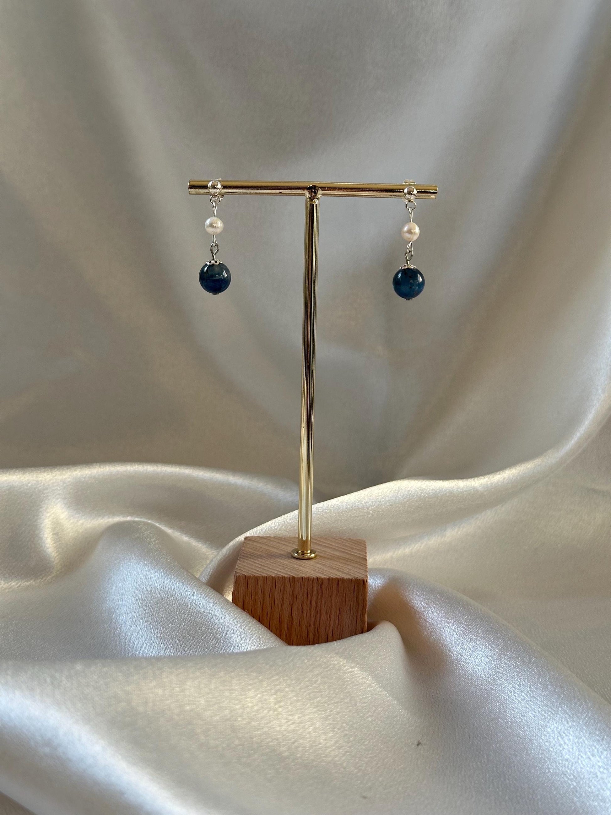 Gem Kyanite & Freshwater Pearl Stud Earrings | Natural Blue Kyanite with White Pearl | Handmade Gemstone Stud Jewelry