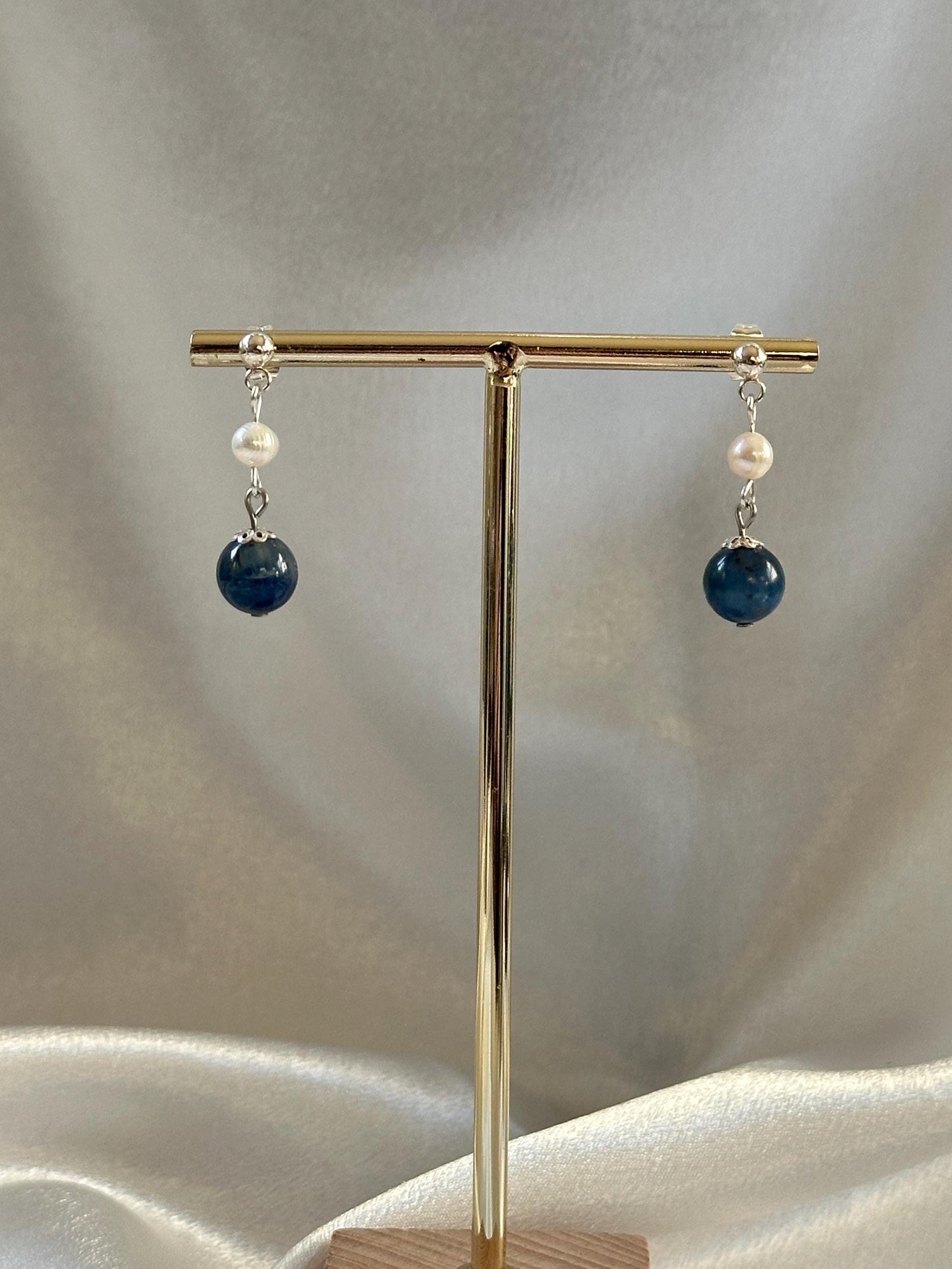 Gem Kyanite & Freshwater Pearl Stud Earrings | Natural Blue Kyanite with White Pearl | Handmade Gemstone Stud Jewelry
