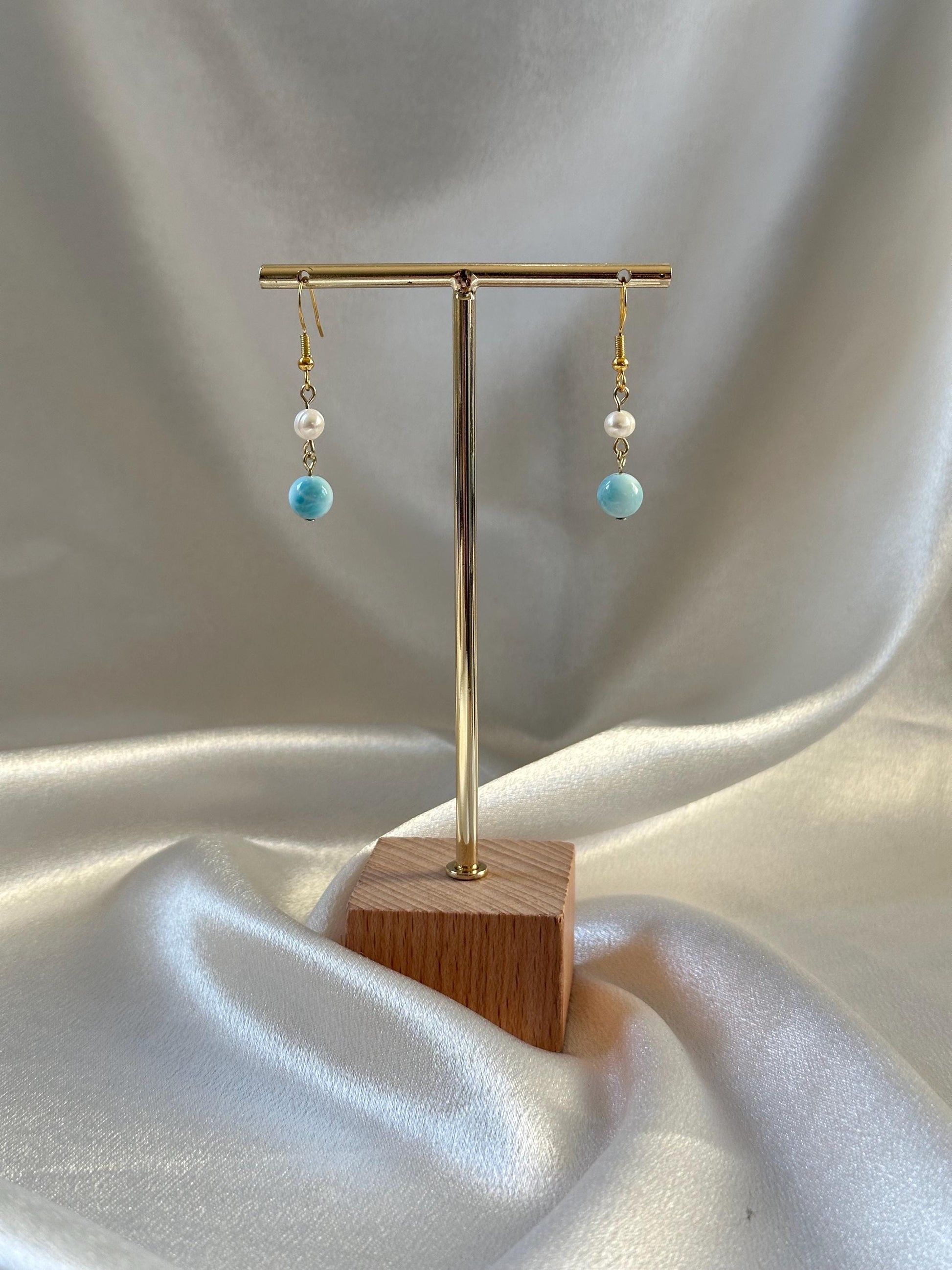 Larimar & Freshwater Pearl Hook Earrings | Natural Blue Larimar Gemstone Dangles | Handmade Pearl and Larimar Jewelry for Everyday Wear