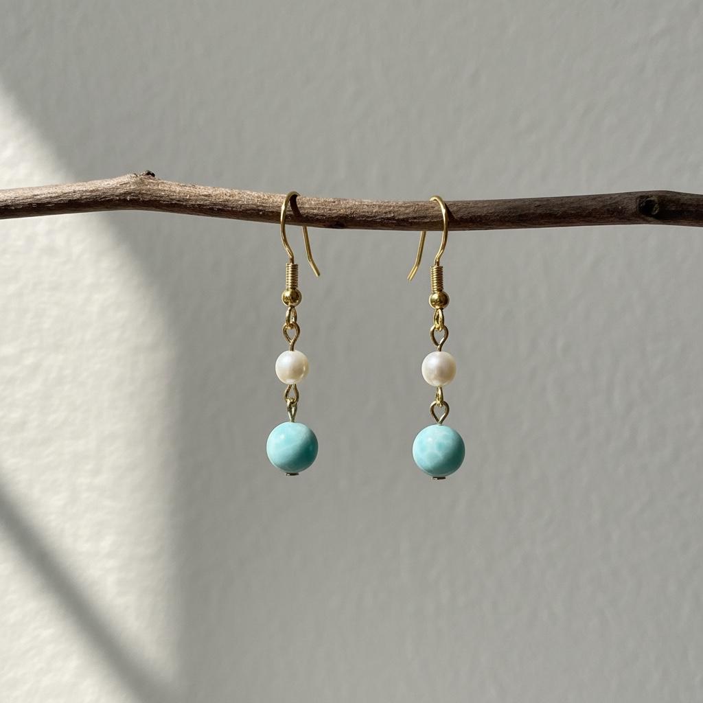 Larimar & Freshwater Pearl Hook Earrings | Natural Blue Larimar Gemstone Dangles | Handmade Pearl and Larimar Jewelry for Everyday Wear