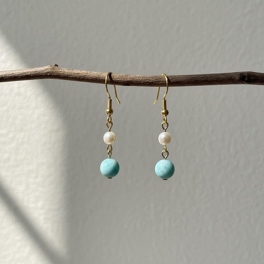 Larimar & Freshwater Pearl Hook Earrings | Natural Blue Larimar Gemstone Dangles | Handmade Pearl and Larimar Jewelry for Everyday Wear