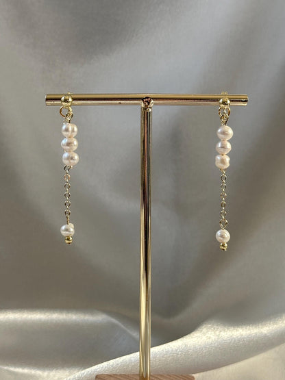 Freshwater Pearl Double Drop Earrings | Natural White Pearl Dangles | Elegant Layered Pearl Drop Earrings | Handmade Jewelry for Everyday